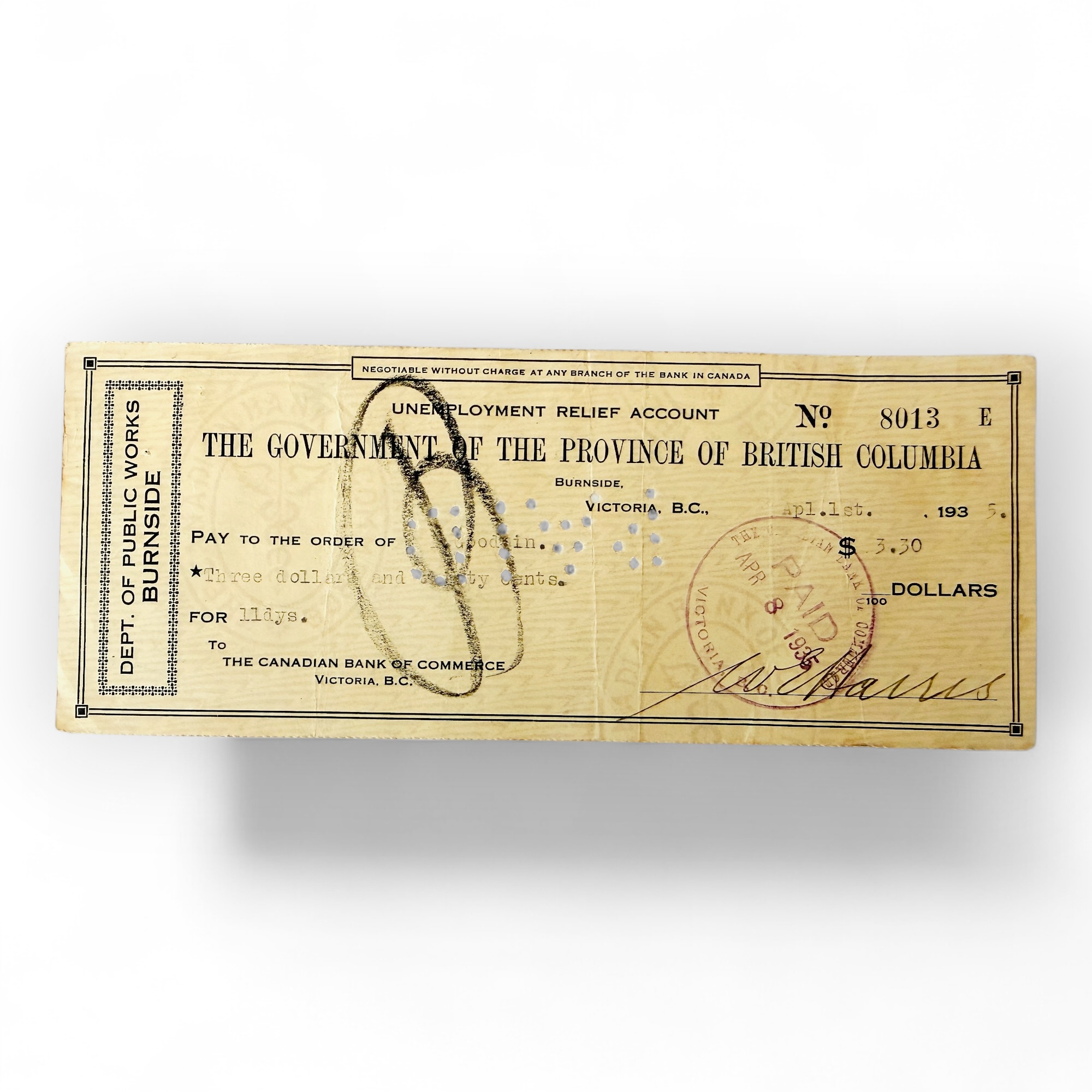 The Government of the Province of British Columbia Dollar Bill Year 1900s Unique and rare