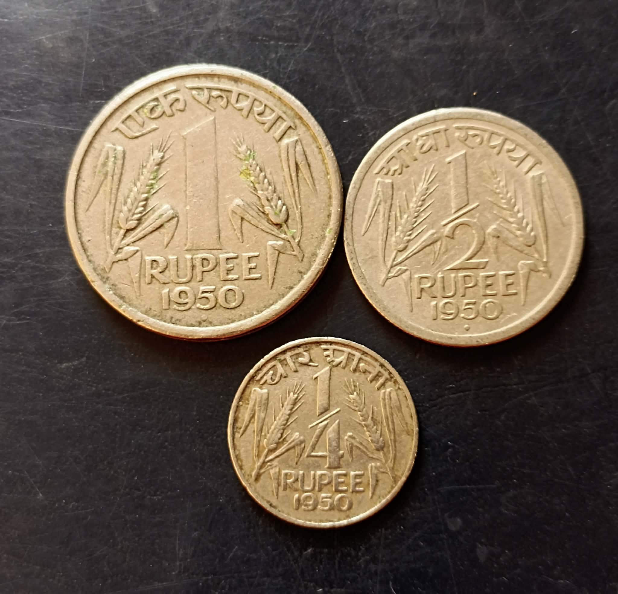 Government of India Denominaton 1₹ 1/2₹ 1/4₹ Metal copper nickel Year 1950 Same and similar set available