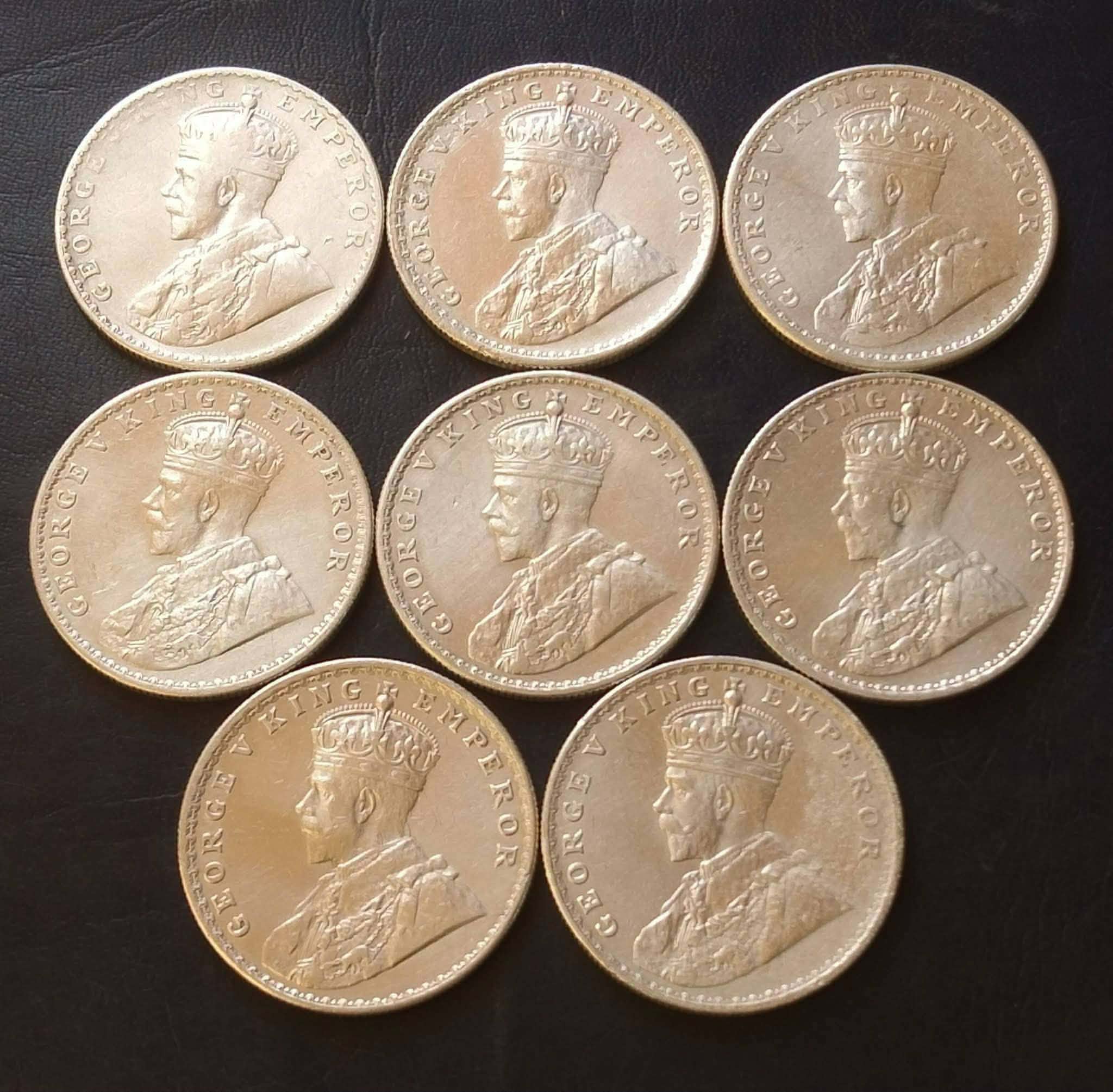 SILVER BRITISH INDIA 🇮🇳 DIFFERENT YEARS COLLECTION KING👑👑👑👑 GEORGE V FULL SILVER 8 DIFFERENT YEARS 1₹SET WEIGHT 11.6GM EACH 1912/13/14/16/17/18/19/20 ORIGINAL GAUARANTEE EXCELLENT CONDITION. Same and similar set are available