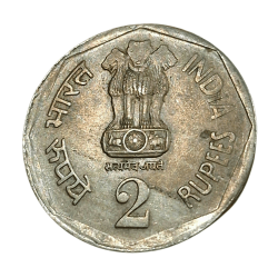 Alternative view of 2 Rupees Cu/Ni Big DABBU Issue Year 1990 Calcutta Mint MAD or MISALIGNED DIE SHIFT Error in High Collectable Grade.