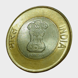 Alternative view of 10 Rupees Bi-Metal COMMEMORATIVE Issue Year 2026 AKAM Series EXTRA METAL DEPOSIT or DIE CUD Error in GEM UNC Grade.