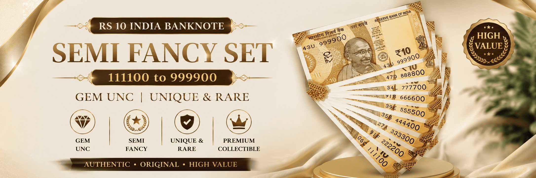 Rs 10 India Banknote Semi Fancy Set 111100 to 999900 Gem UNC Unique and Rare