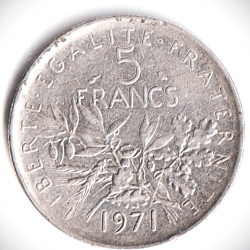 Alternative view of 5 France 1971 Republique Silver 9.9 gm 1971 Commemorative in Circulation Issue O. Rocy Mint Coin
