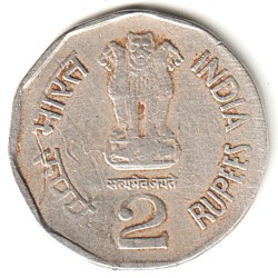 Alternative view of Rare 2 Rupee 1998 Sri DESHBANDHU CHITRANJAN DAS 1870-1925 Calcutta Mint National Integration India Coin