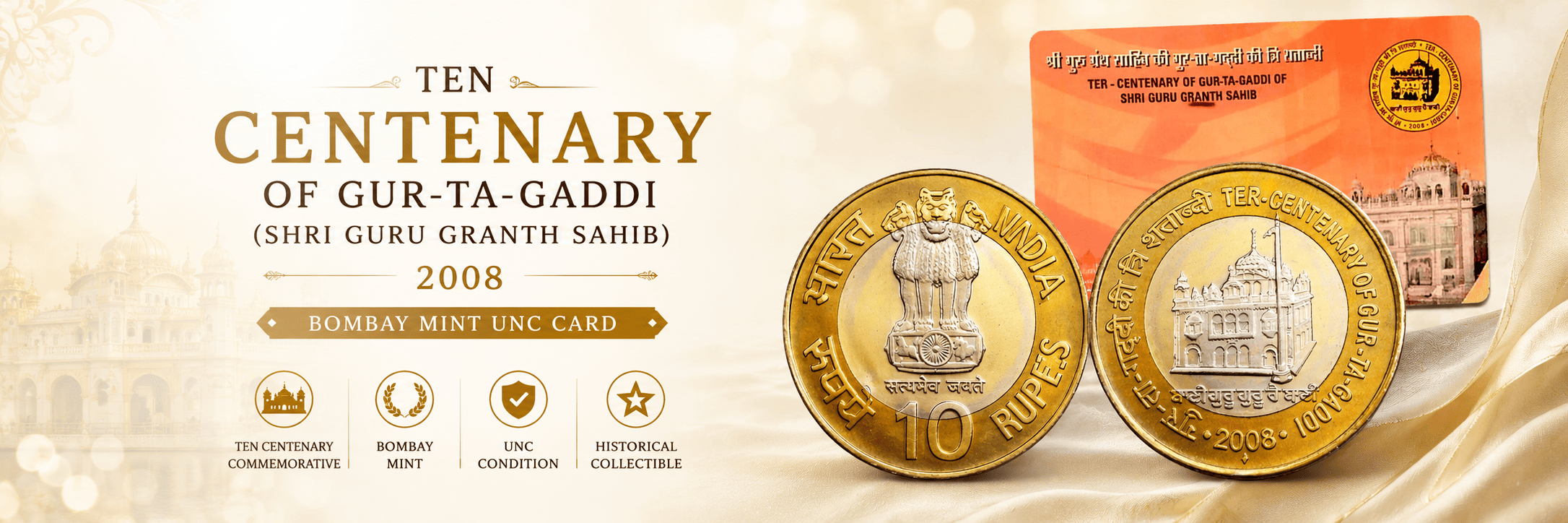 TEN Centenary Of Gur-ta-Gaddi (Shri Guru Granth Sahib) 2008 Bombay Mint UNC Card