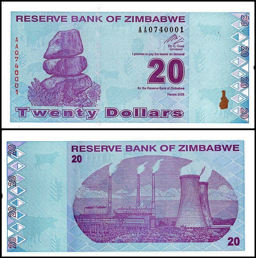 Zimbabwe 20 Dollars World Banknote, 2009 P95 UNC UNC Unique and Rare