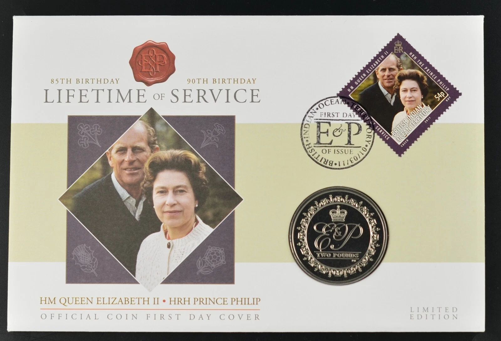 British Indian Ocean Territory 2 Pounds 2011 - Elizabeth II Prince Philip, 90th Birthday Rare Coin ( First Day Cover with Stamp )