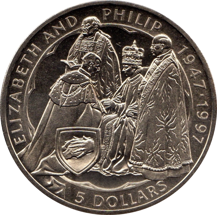 New Zealand 5 Dollars 1997 - Elizabeth II 3rd Portrait; Golden Wedding Rare Coin ( First Day Cover with Stamp )