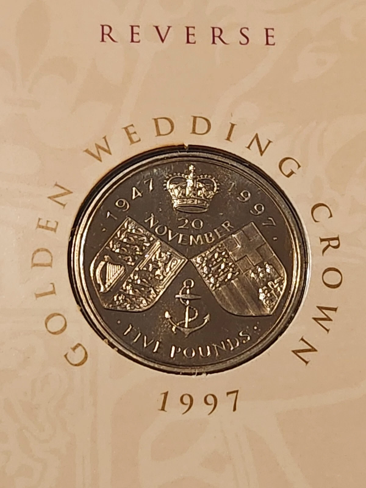 United Kingdom 5 Pounds 1997 - Elizabeth II Golden Wedding Rare Coin ( First Day Cover with Stamp )