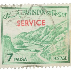 Old Postal Stamp of East Pakistan (Now Bangladesh) 7 Paise Green Colour with Khyber Pass (AD 1963) 'Service' Over Printed in Red Used Condition as per Image, Rare.
