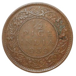 Alternative view of Bronze 1/2 Pice of George VI (AD 1939) of Bombay Mint Head Type I