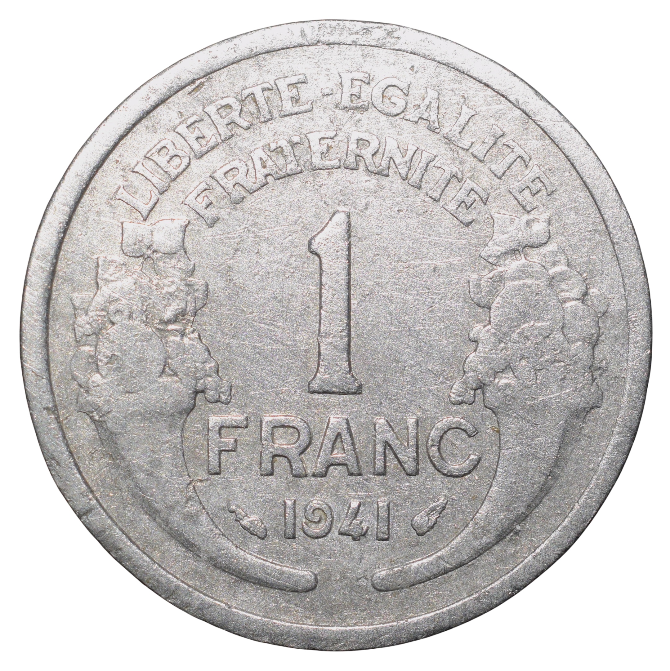 Old Aluminium 1 Franc of France (AD 1941) with Wreathed female head facing left