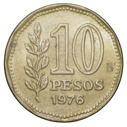 Alternative view of Brass 10 Pesos of Argentina (AD 1976) with 'Sol de Mayo' (Spanish: 'Sun of May')
