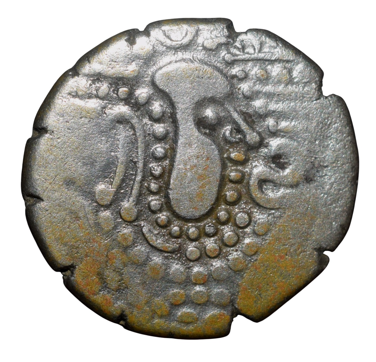 Silver Gadhaiya Paisa of Chalukyas of Gujrat (AD 1120-1210) with Stylized Portrait/Fire Alter Deyell 158 Scarce