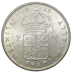 Alternative view of Copper-Nickel 2 Kroner of Gustaf VI Adolf (AD 1968) of Sweden Country Large Size