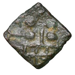 Alternative view of Copper Coin of City-State Bhadravati(1st Cen. BC) with Elephant walking right/Tree Railing & Brahmi legends