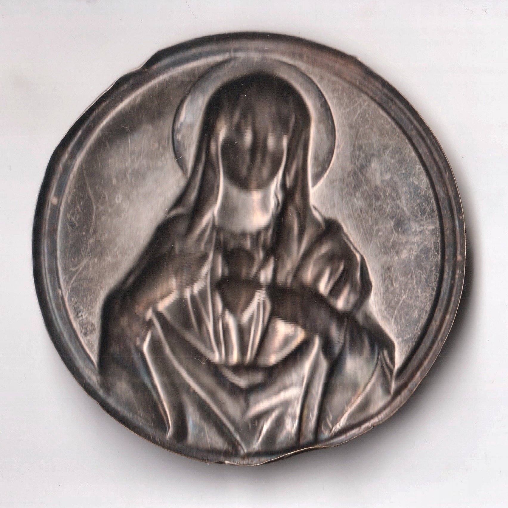 Rare Antique Christian Thin Sheet Decorative For Wall - Immaculate Heart of Mary Religious Art Medal Uniface Church 63 mm Large Table Medal # A005