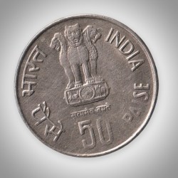 Alternative view of Rare 50 Paise 1986 Fisheries FAO Commemorative Republic of India Coinage India Coin # A009