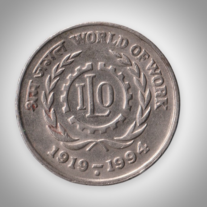 Rare 5 Rupees 1994 ILO World of Work Noida Mint Republic of India Commemorative Coin # A029
