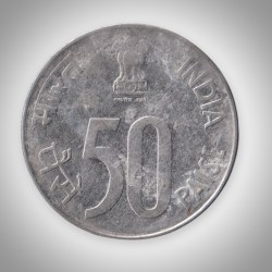 Alternative view of Rare 50 Paise 1990 Parliament House Clipped Planchet Error Noida Mint Republic India Coin # A101