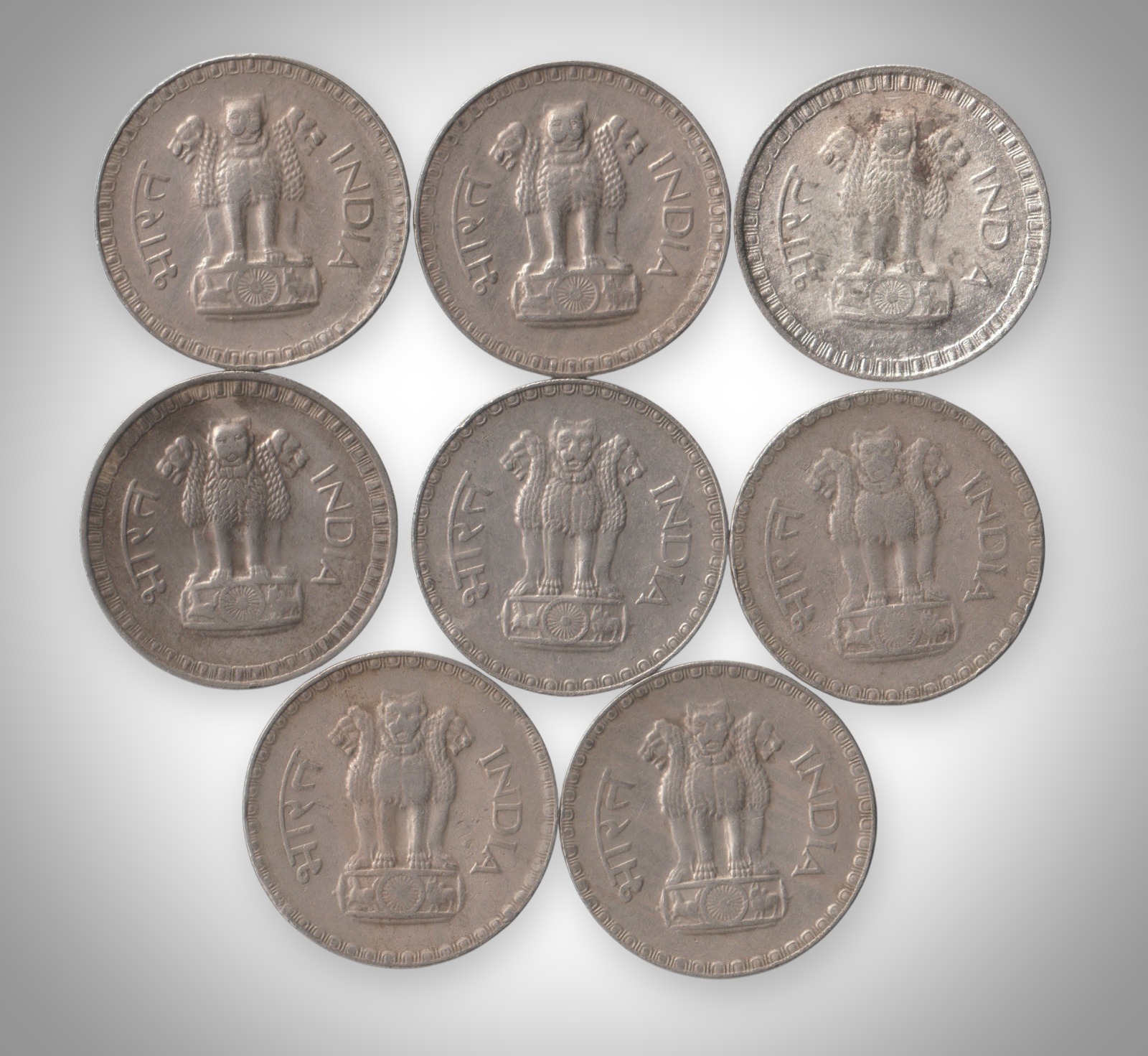 Rare Complete Date Set 8 Coins of 1 Rupee 1975-1982 Wheat Ears Series Bombay Mint Republic India