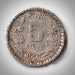 Rare 5 Rupees 1992 Republic India Calcutta Mint Coinage India Coin # A150