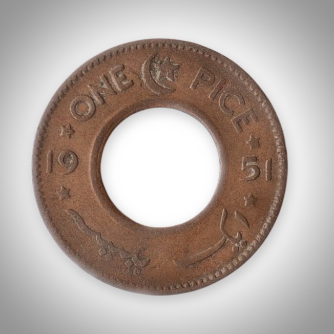 Rare One Pice 1951 Government of Pakistan Holed Bronze Crescent and Star Coin Foreign Mint # A187