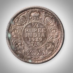 Rare 1/4 Rupee 1929 King George V Calcutta Mint British India Silver Coin # A210