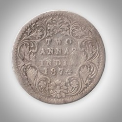 Ex Rare 2 Annas Key Date 1874 Queen Victoria Calcutta Mint British India Silver Coin # A220