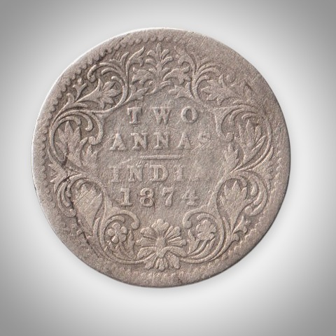 Ex Rare 2 Annas Key Date 1874 Queen Victoria Calcutta Mint British India Silver Coin # A220