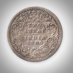 Rare 2 Annas 1890 Queen Victoria Empress Calcutta Mint British India Silver Coin # A221