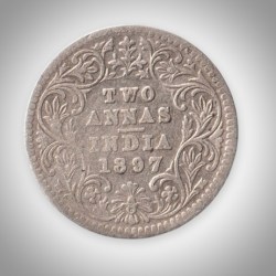 Rare 2 Annas 1897 Queen Victoria Empress Calcutta Mint British India Silver Coin # A223