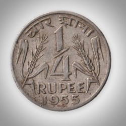 Rare 1/4 Rupee 1955 Lion Capital Wheat Ears Nickel Calcutta Mint Coinage of Republic India Coin # A230