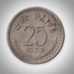 Rare 25 Paise 1973 Republic of India Calcutta Mint Coinage India Coin # A235