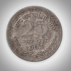 Rare 25 Naye Paise 1963 Republic India Calcutta Mint Coinage India Coin # A239