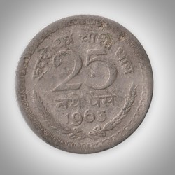 Rare 25 Naye Paise 1963 Republic of India Calcutta Mint Coinage India Coin # A240