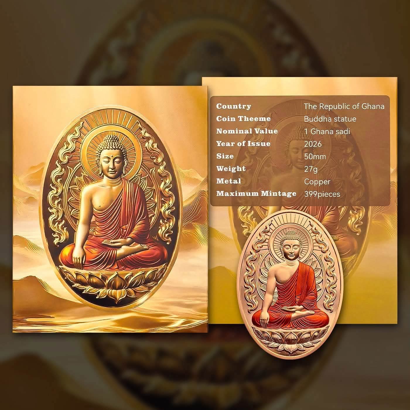Lord Buddha Statue 1 Ghana Sadi 50 mm Proof Coin Issued The Republic of Ghana Limited to 399 Pieces only Unique and Rare