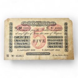 Re 5 British India Banknote Uniface Issue Signed By A C Macwatters January 1920s Issue Crisp Paper Unique and Rare Issue