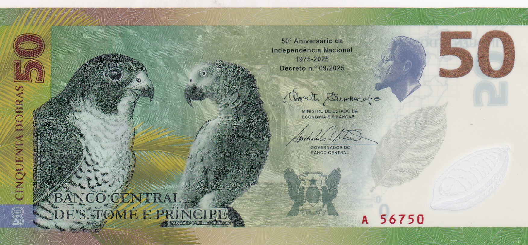 Sao Tome and Principe 50 Dobras (50 Years of Independence) Rare Unc Polymer Note #B2