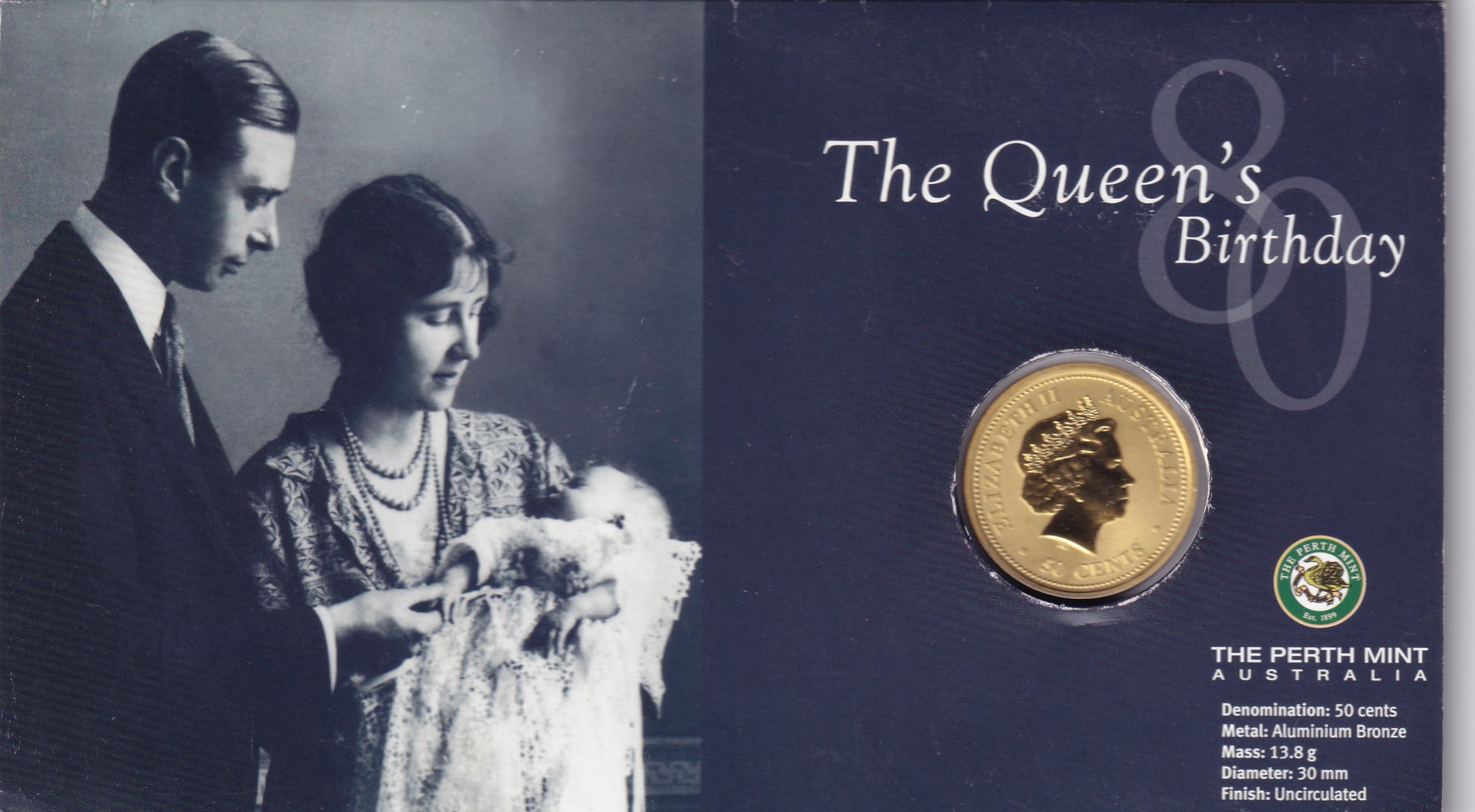 Australia 50 Cents 2006 - Elizabeth II 4th Portrait - 80th Birthday Queen Elizabeth II Rare The Perth Mint Australia UNC Colored Coin with Beautiful Cover