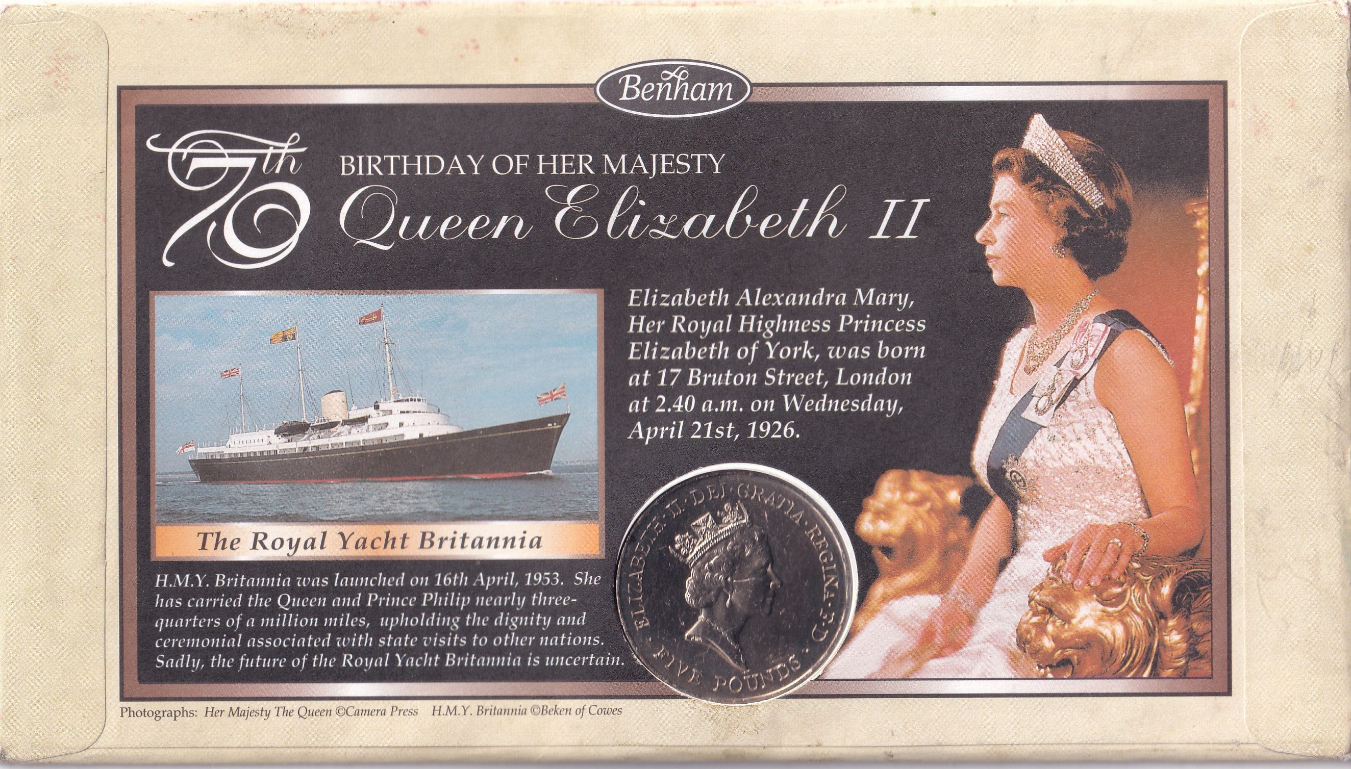 United Kingdom 5 Pounds 1996 - Elizabeth II 3rd portrait; Queen's 70th Birthday Rare Coin (First Day Cover with Stamp)
