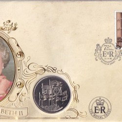 United Kingdom 5 Pounds 1996 - Elizabeth II 3rd portrait; Queen's 70th Birthday Rare Coin (First Day Cover with Stamp)