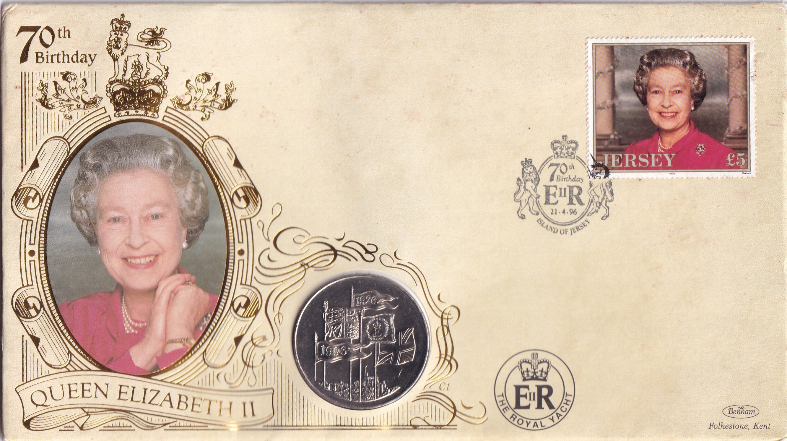 United Kingdom 5 Pounds 1996 - Elizabeth II 3rd portrait; Queen's 70th Birthday Rare Coin (First Day Cover with Stamp)