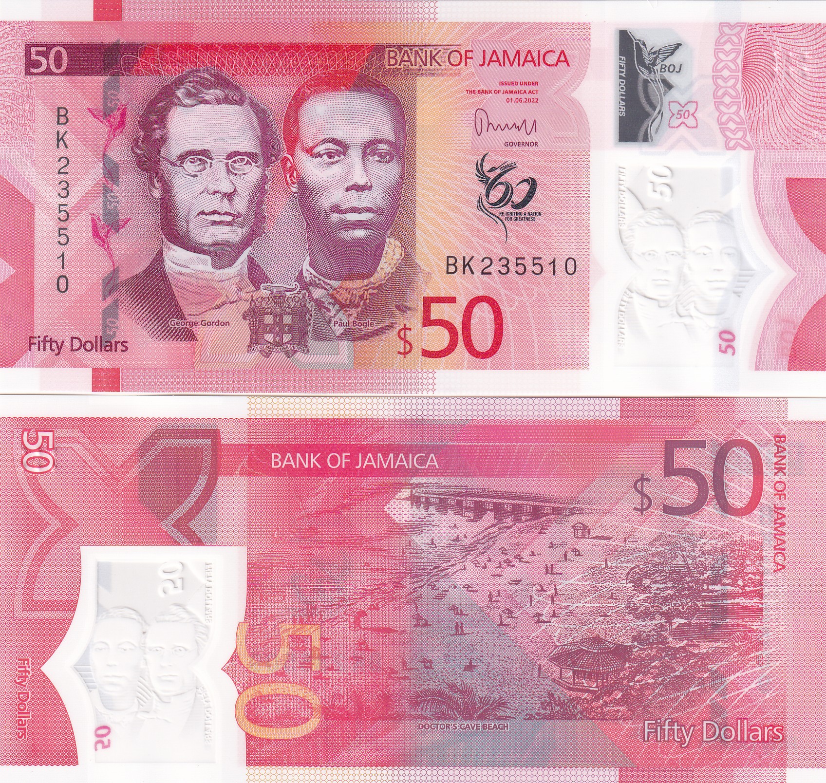 Jamaica 50 Dollars (Independence) Rare Unc Polymer Note