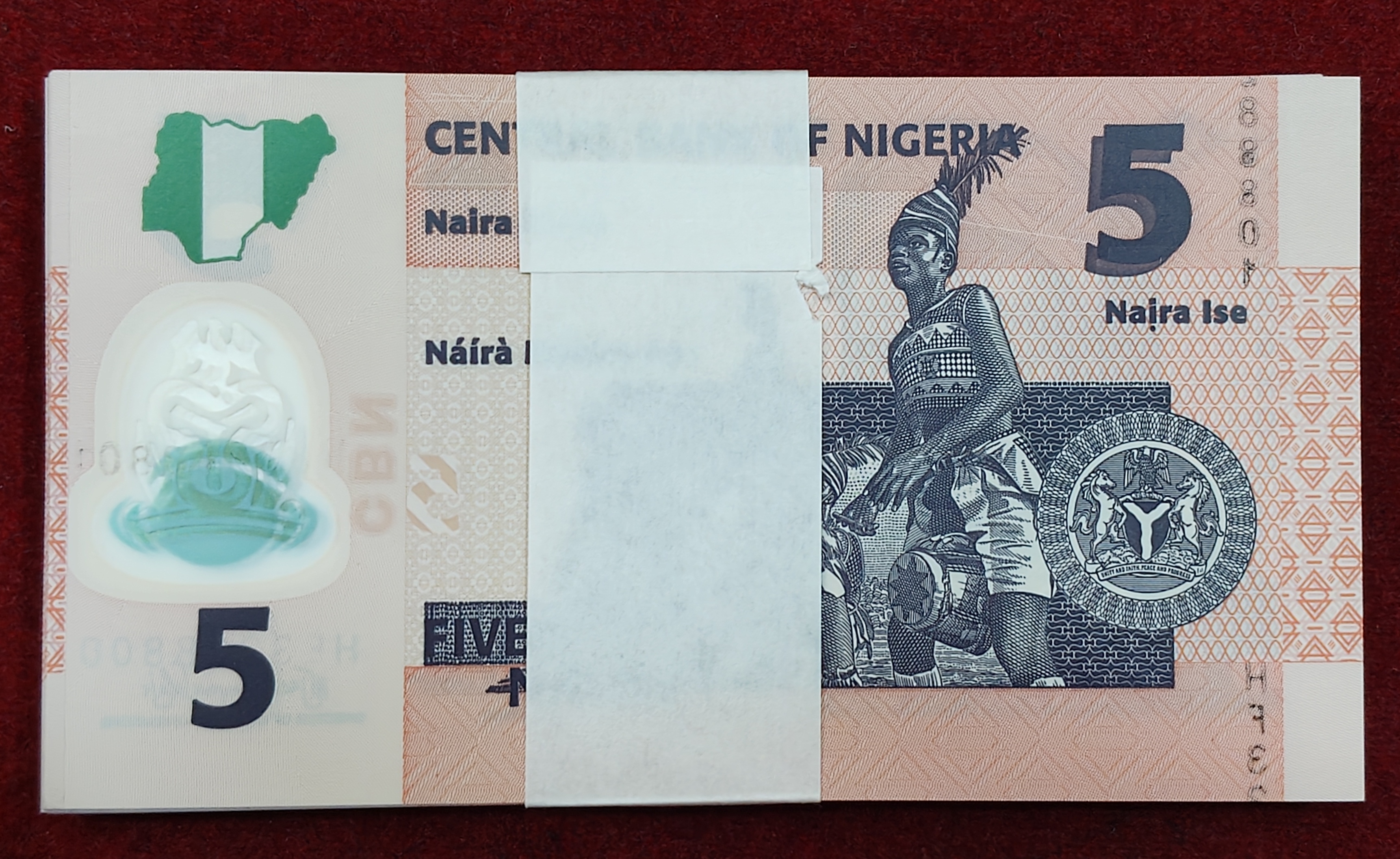 Nigeria 5 Naira UNC Polymer (100 Note) Serial Packet with Fancy Number Ending 786