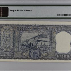 Alternative view of G -9 100 RUPEES NOTE GOVERNOR L. K. JHA RELEASED DATE 1967 AB PRIFIX PMG GRADED HIGH GRADE 64 UNC