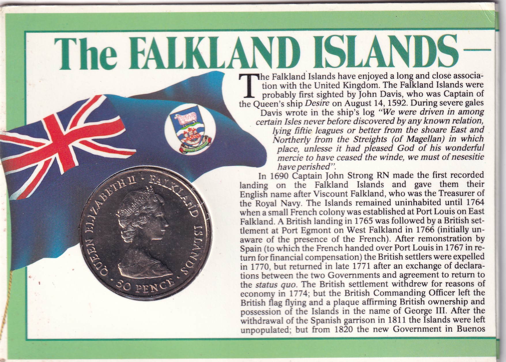 Falkland Islands 50 Pence 1983 - Elizabeth II British Rule Rare Coin Issued by Royal Mint ( First Day Cover )