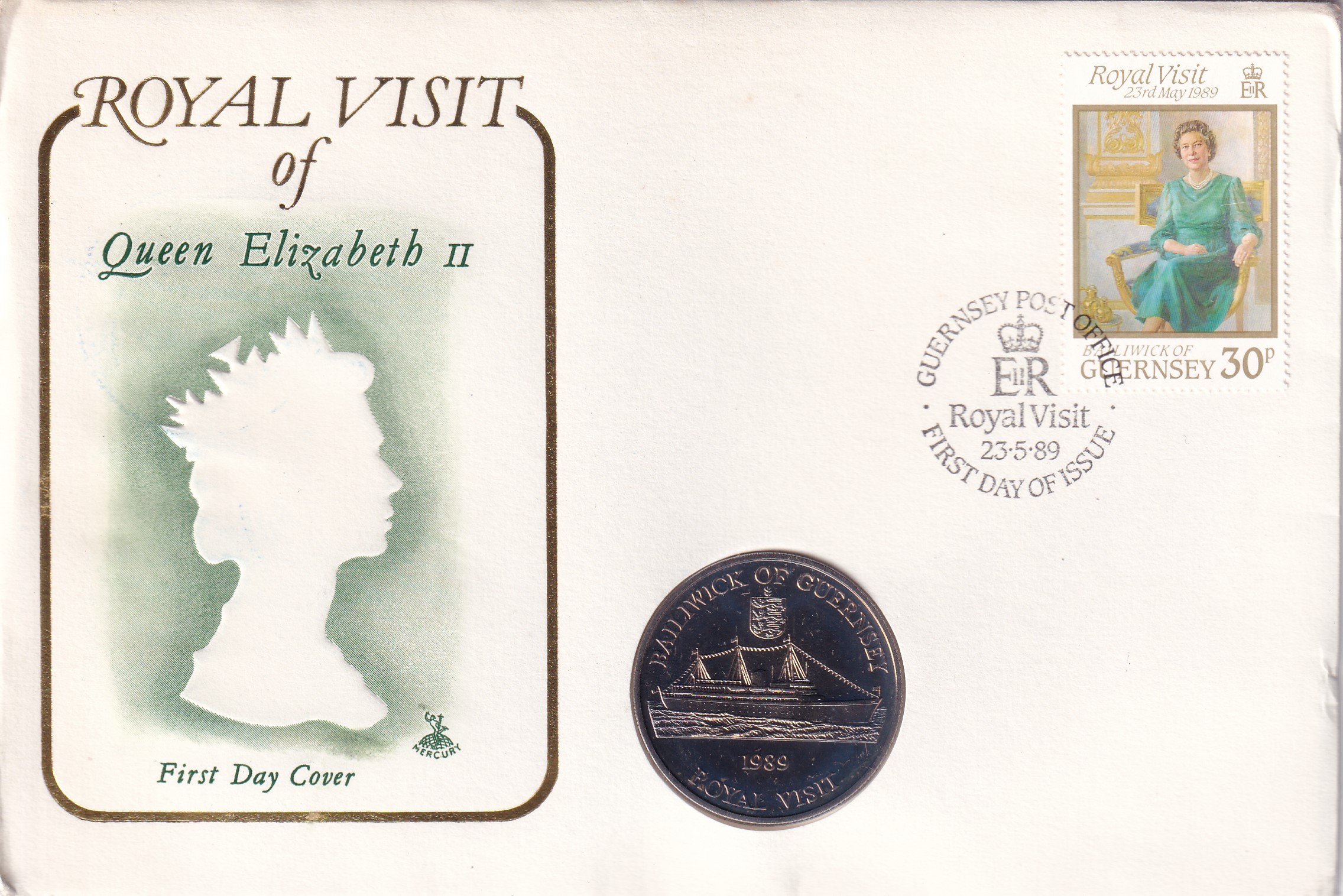 Guernsey 2 Pounds 1989 - Elizabeth II Royal Visit Rare Coin ( First Day Cover with Stamp )