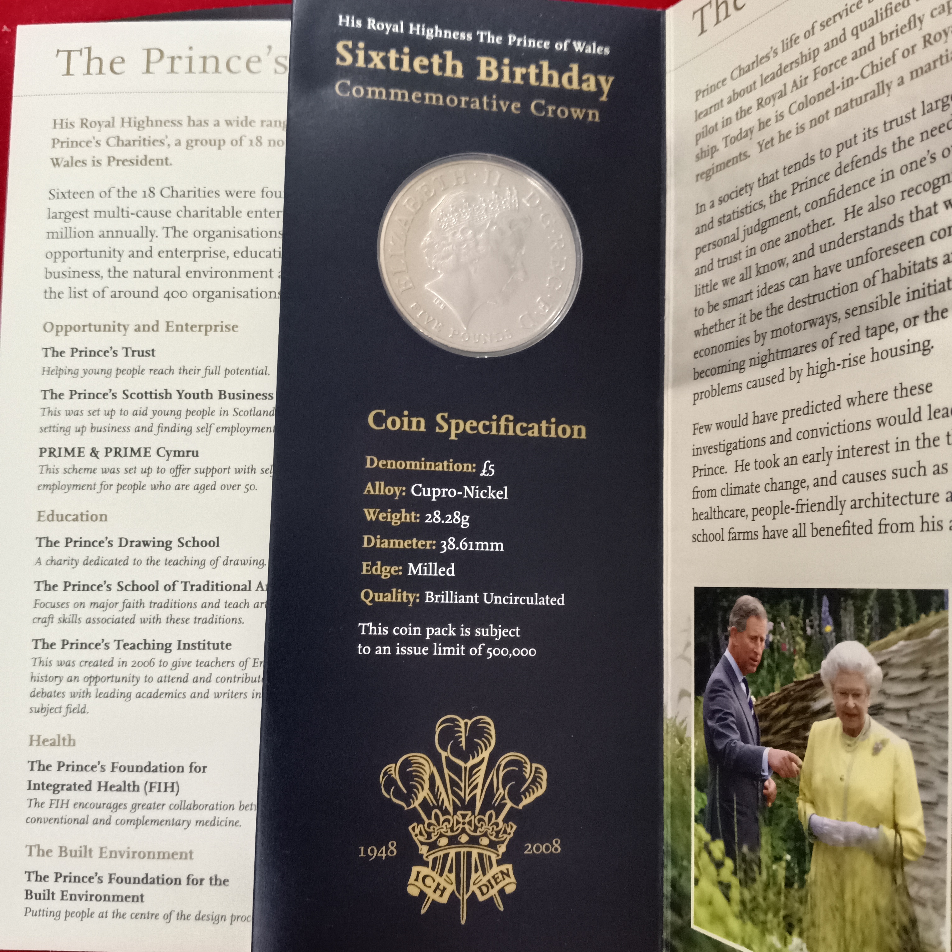 Extremely Rare Item His Royal Highness The Prince of Wales Sixtieth Birthday Commarative Crown Proof Coin 5 Pounds Year 2008 Issued The Royal Mint