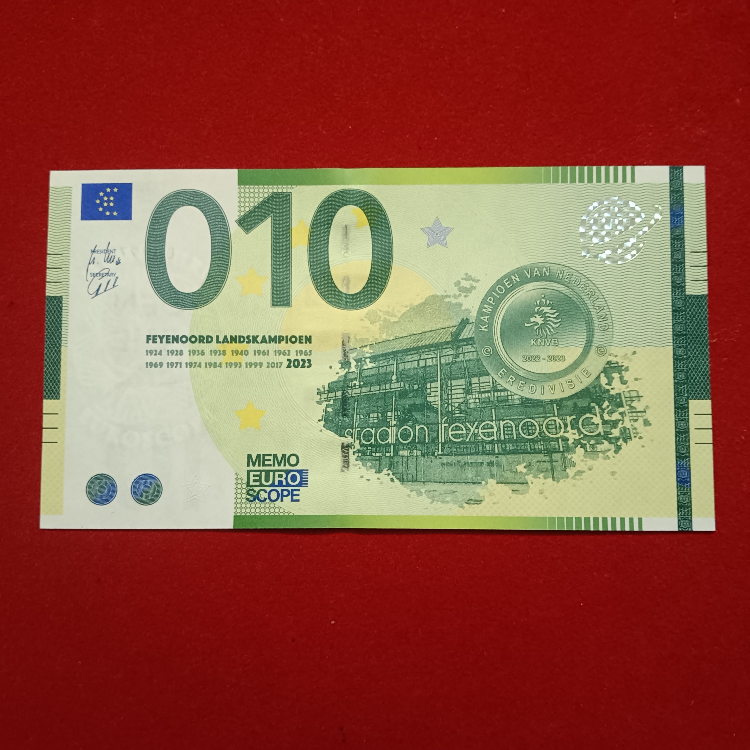 010 Memo Euro souvenir banknote celebrating Feyenoord Rotterdam's 2022–2023 Eredivisie National championship Gem Unc Condition Rare Note